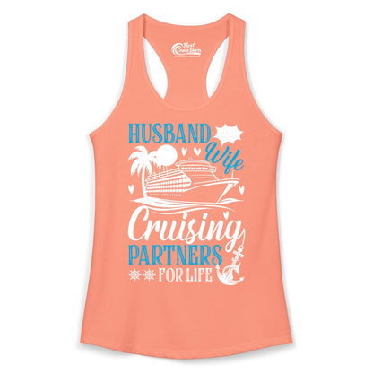 Husband Wife Cruising Shirt - Cruise Couple Romance Gift Apparel (Ladies Tank) in Solid Light Orange - Husband Wife Cruising Partners for Life Nautical Couple Shirt