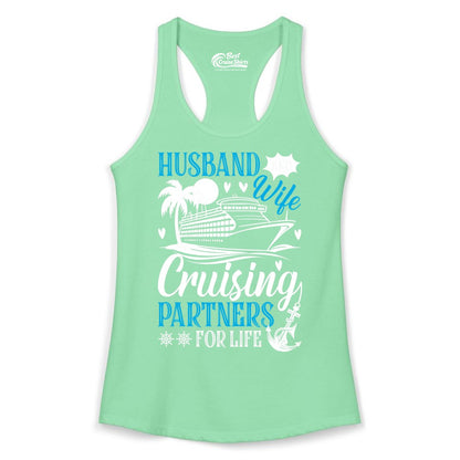 Husband Wife Cruising Shirt - Cruise Couple Romance Gift Apparel (Ladies Tank) in Solid Mint - Husband Wife Cruising Partners for Life Nautical Couple Shirt