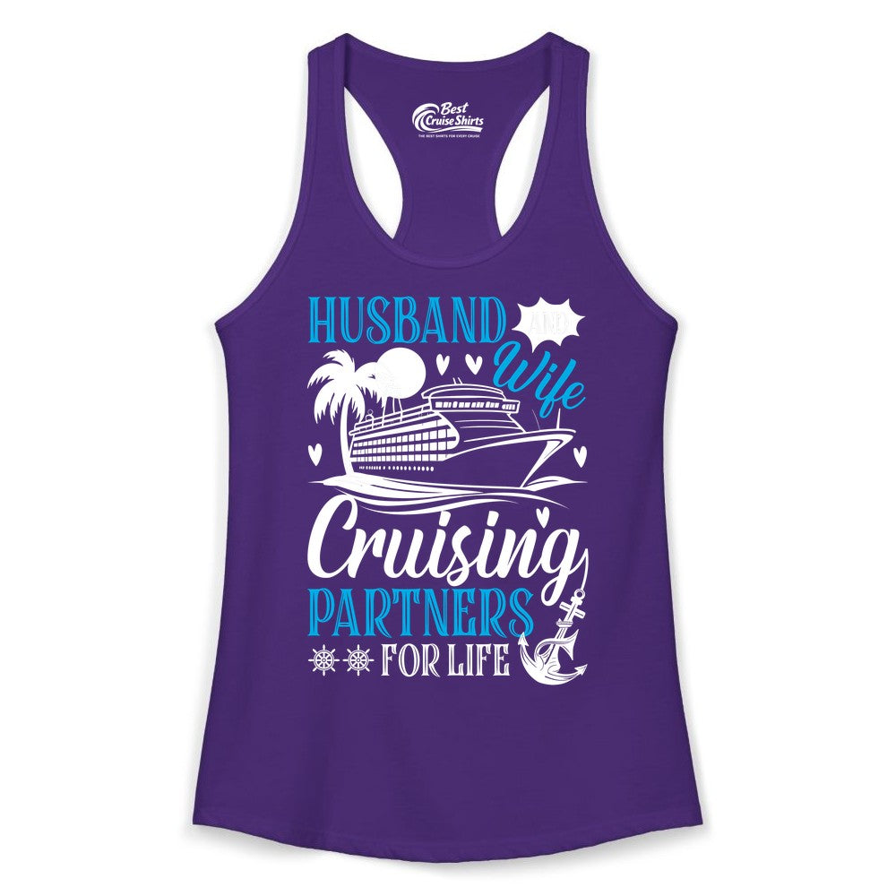 Husband Wife Cruising Shirt - Cruise Couple Romance Gift Apparel (Ladies Tank) in Solid Purple Rush - Husband Wife Cruising Partners for Life Nautical Couple Shirt