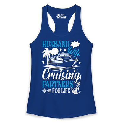 Husband Wife Cruising Shirt - Cruise Couple Romance Gift Apparel (Ladies Tank) in Solid Royal - Husband Wife Cruising Partners for Life Nautical Couple Shirt