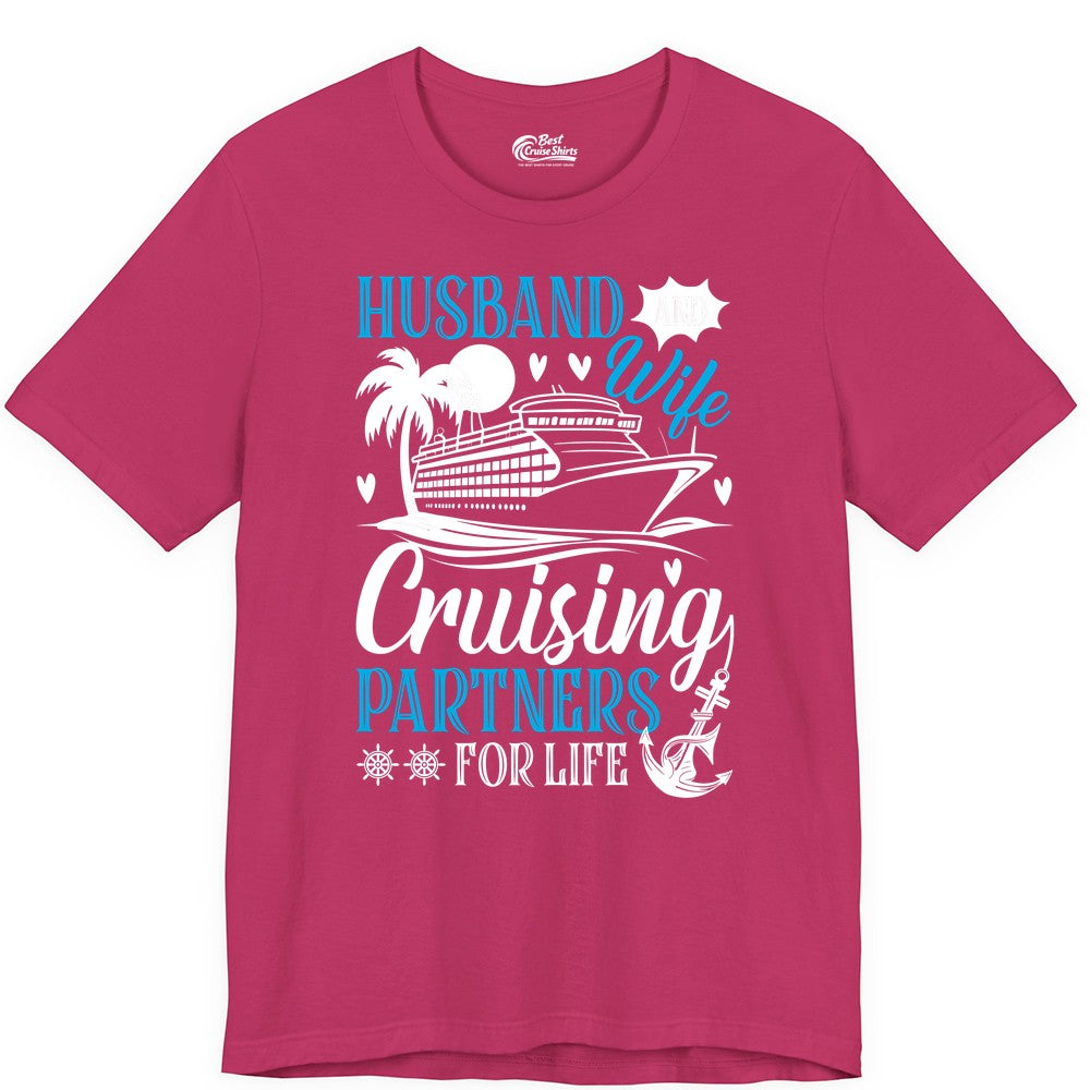 Husband Wife Cruising Shirt - Cruise Couple Romance Gift Apparel (Premium Tee) in Berry - Husband Wife Cruising Partners for Life Nautical Couple Shirt
