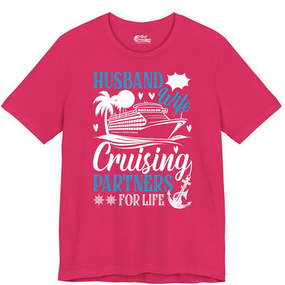 Husband Wife Cruising Shirt - Cruise Couple Romance Gift Apparel (Premium Tee) in Fuchsia - Husband Wife Cruising Partners for Life Nautical Couple Shirt