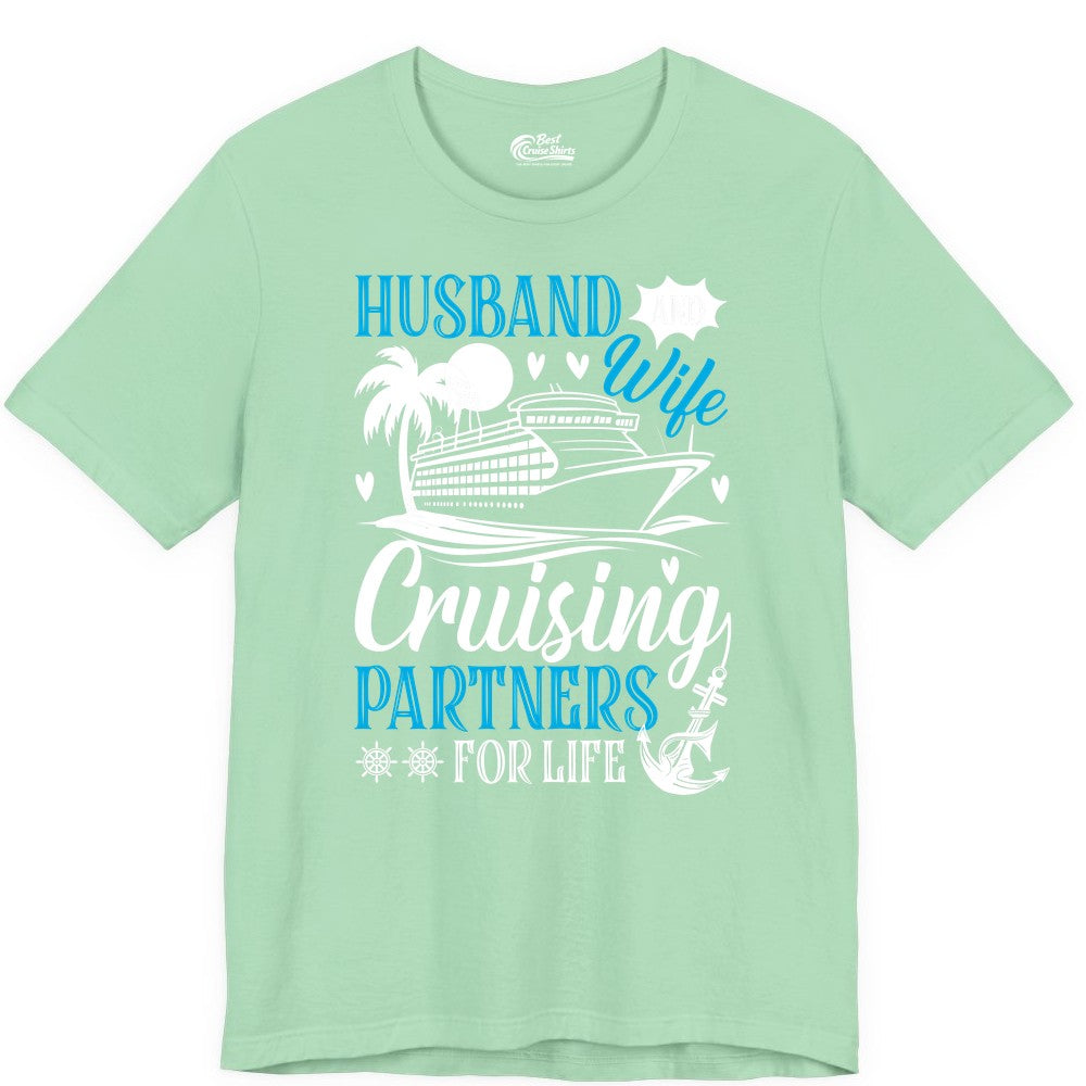 Husband Wife Cruising Shirt - Cruise Couple Romance Gift Apparel (Premium Tee) in Mint - Husband Wife Cruising Partners for Life Nautical Couple Shirt
