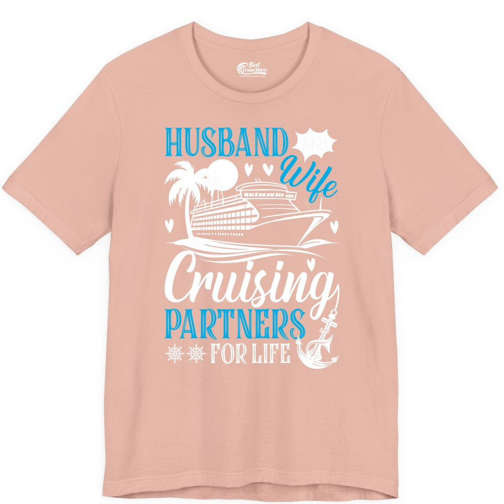 Husband Wife Cruising Shirt - Cruise Couple Romance Gift Apparel (Premium Tee) in Peach - Husband Wife Cruising Partners for Life Nautical Couple Shirt