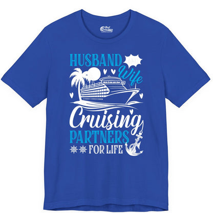 Husband Wife Cruising Shirt - Cruise Couple Romance Gift Apparel (Premium Tee) in True Royal - Husband Wife Cruising Partners for Life Nautical Couple Shirt