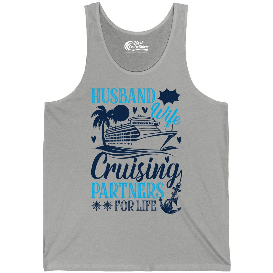 Husband Wife Cruising Shirt - Cruise Couple Romance Gift Apparel (Tank Top) in Athletic Heather - Husband Wife Cruising Partners for Life Nautical Couple Shirt