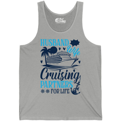 Husband Wife Cruising Shirt - Cruise Couple Romance Gift Apparel (Tank Top) in Athletic Heather - Husband Wife Cruising Partners for Life Nautical Couple Shirt