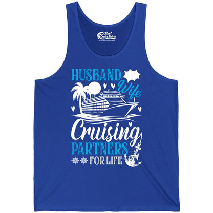 Husband Wife Cruising Shirt - Cruise Couple Romance Gift Apparel (Tank Top) in True Royal - Husband Wife Cruising Partners for Life Nautical Couple Shirt