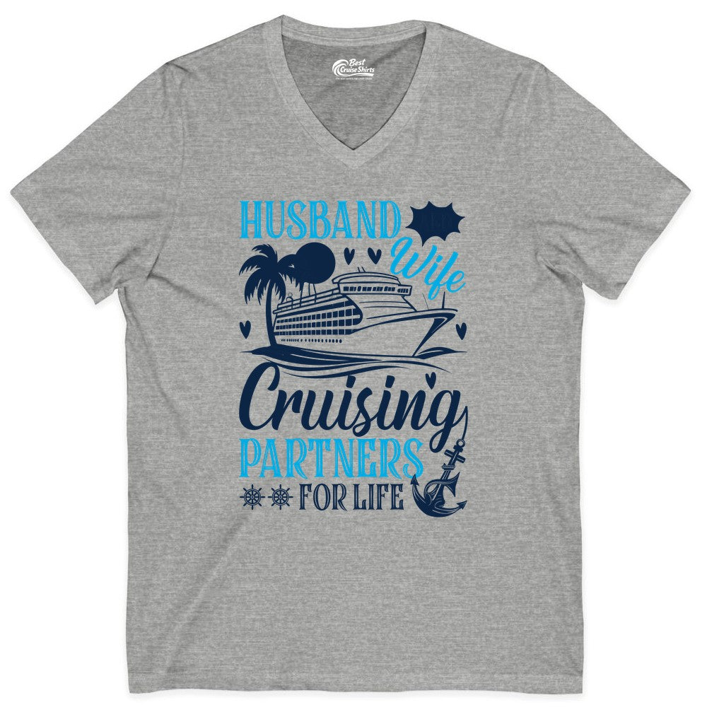 Husband Wife Cruising Shirt - Cruise Couple Romance Gift Apparel (V-Neck) in Athletic Heather - Husband Wife Cruising Partners for Life Nautical Couple Shirt