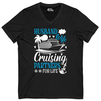 Husband Wife Cruising Shirt - Cruise Couple Romance Gift Apparel (V-Neck) in Black - Husband Wife Cruising Partners for Life Nautical Couple Shirt