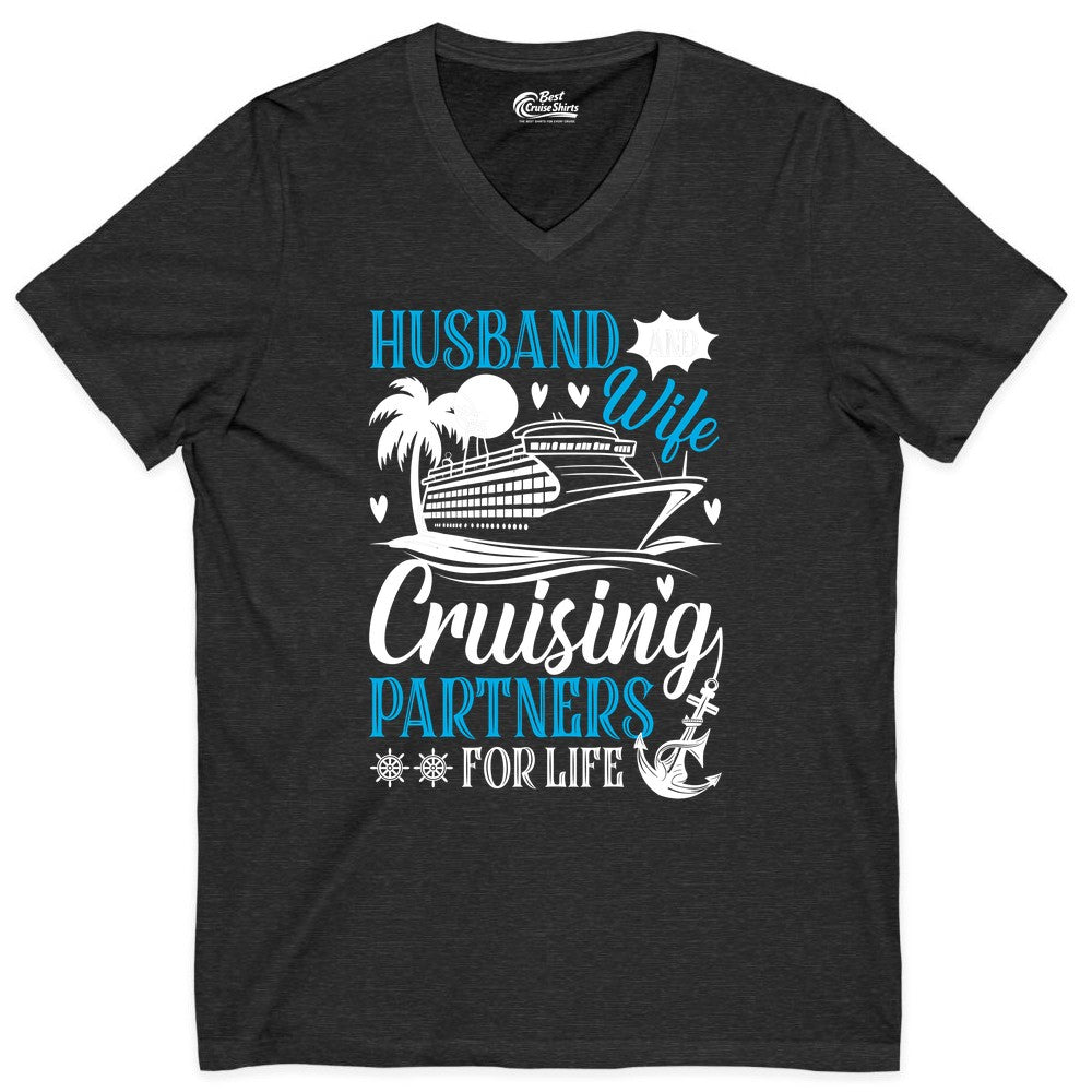 Husband Wife Cruising Shirt - Cruise Couple Romance Gift Apparel (V-Neck) in Dark Grey Heather - Husband Wife Cruising Partners for Life Nautical Couple Shirt