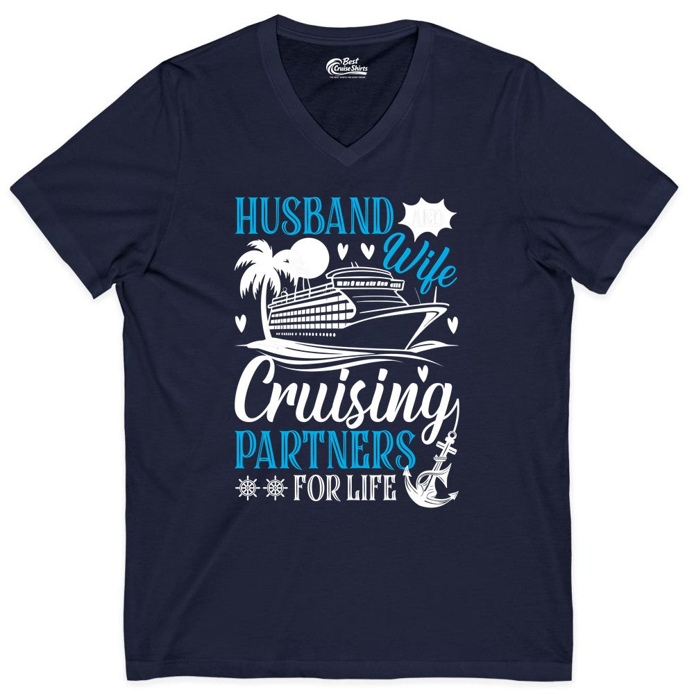Husband Wife Cruising Shirt - Cruise Couple Romance Gift Apparel (V-Neck) in Navy - Husband Wife Cruising Partners for Life Nautical Couple Shirt