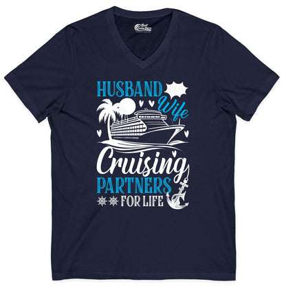 Husband Wife Cruising Shirt - Cruise Couple Romance Gift Apparel (V-Neck) in Navy - Husband Wife Cruising Partners for Life Nautical Couple Shirt
