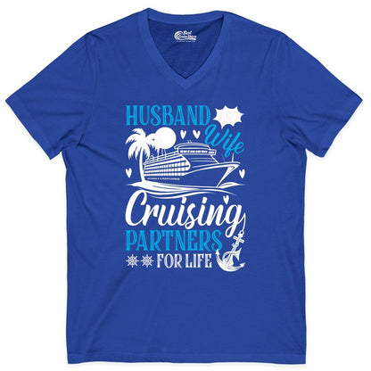 Husband Wife Cruising Shirt - Cruise Couple Romance Gift Apparel (V-Neck) in True Royal - Husband Wife Cruising Partners for Life Nautical Couple Shirt