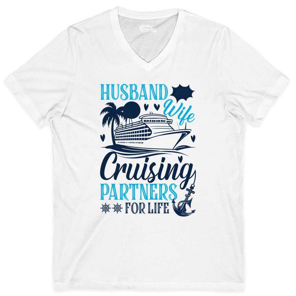 Husband Wife Cruising Shirt - Cruise Couple Romance Gift Apparel (V-Neck) in White - Husband Wife Cruising Partners for Life Nautical Couple Shirt