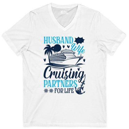 Husband Wife Cruising Shirt - Cruise Couple Romance Gift Apparel (V-Neck) in White - Husband Wife Cruising Partners for Life Nautical Couple Shirt
