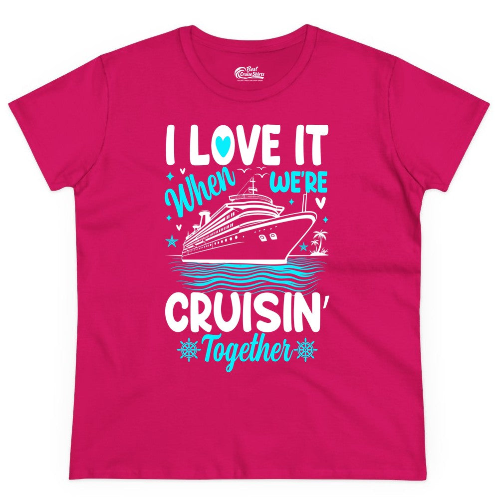 Cruise Couple Shirt - Romantic Cruise Vacation Apparel for Two (Ladies Tee) in Heliconia - Cruisin Together Romantic Nautical Cruise Couple Shirt Blue and White