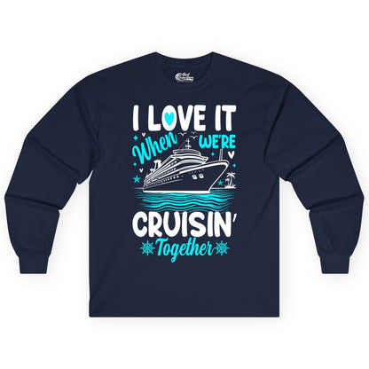 Cruise Couple Shirt - Romantic Cruise Vacation Apparel for Two (Long Sleeve) in Navy - Cruisin Together Romantic Nautical Cruise Couple Shirt Blue and White
