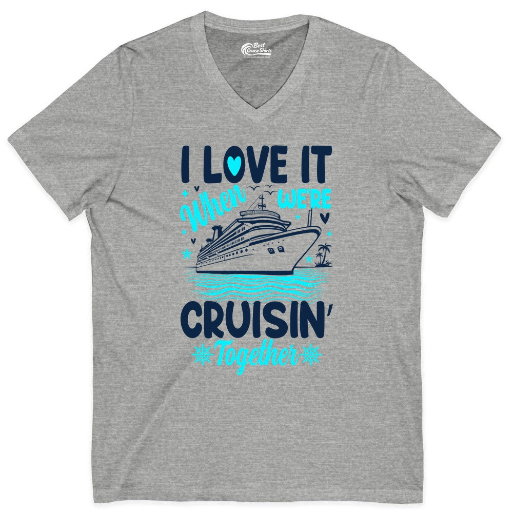 Cruise Couple Shirt - Romantic Cruise Vacation Apparel for Two (V-Neck) in Athletic Heather - Cruisin Together Romantic Nautical Cruise Couple Shirt Blue and White