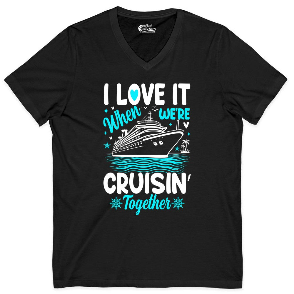 Cruise Couple Shirt - Romantic Cruise Vacation Apparel for Two (V-Neck) in Black - Cruisin Together Romantic Nautical Cruise Couple Shirt Blue and White