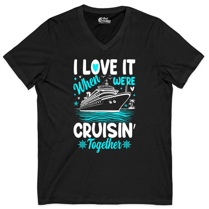 Cruise Couple Shirt - Romantic Cruise Vacation Apparel for Two (V-Neck) in Black - Cruisin Together Romantic Nautical Cruise Couple Shirt Blue and White