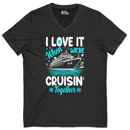 Cruise Couple Shirt - Romantic Cruise Vacation Apparel for Two (V-Neck) in Dark Grey Heather - Cruisin Together Romantic Nautical Cruise Couple Shirt Blue and White