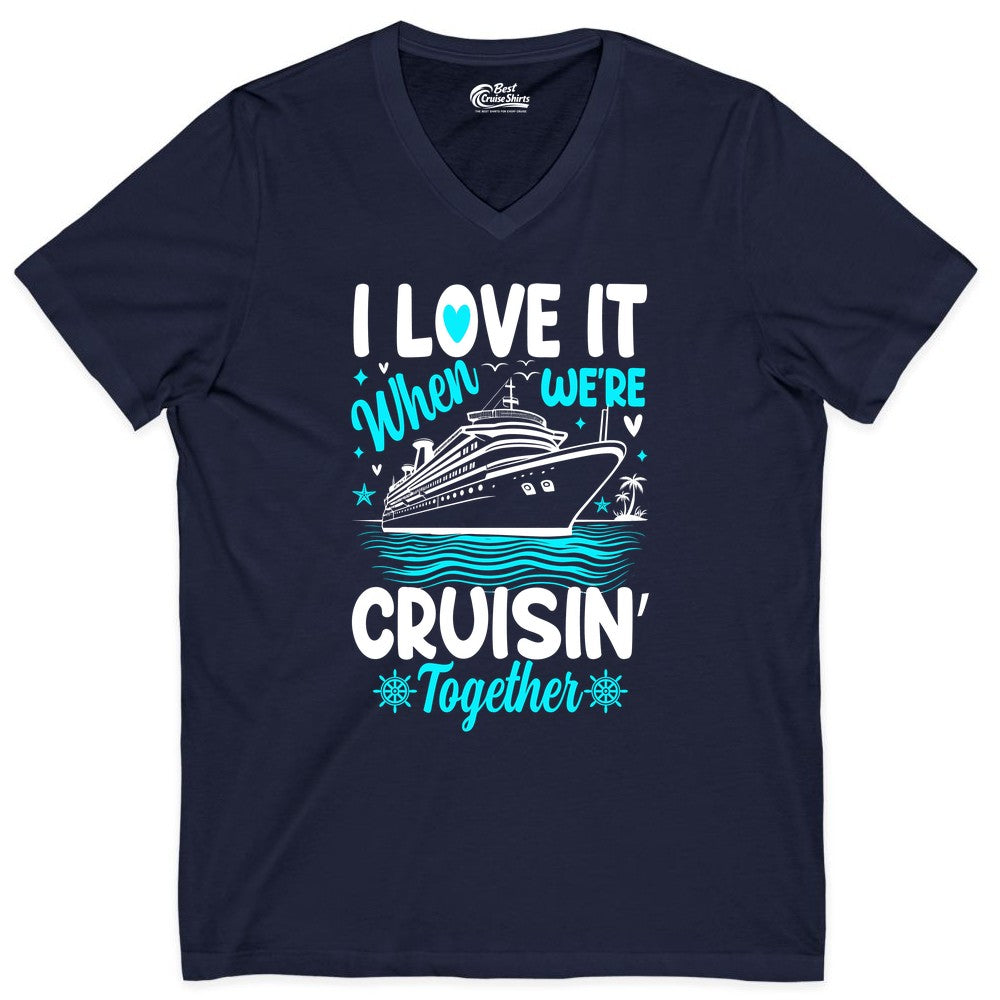 Cruise Couple Shirt - Romantic Cruise Vacation Apparel for Two (V-Neck) in Navy - Cruisin Together Romantic Nautical Cruise Couple Shirt Blue and White