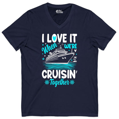 Cruise Couple Shirt - Romantic Cruise Vacation Apparel for Two (V-Neck) in Navy - Cruisin Together Romantic Nautical Cruise Couple Shirt Blue and White