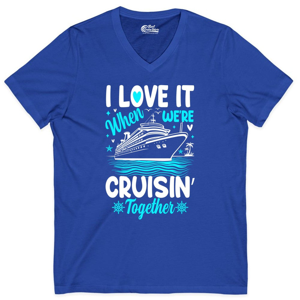Cruise Couple Shirt - Romantic Cruise Vacation Apparel for Two (V-Neck) in True Royal - Cruisin Together Romantic Nautical Cruise Couple Shirt Blue and White
