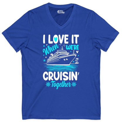 Cruise Couple Shirt - Romantic Cruise Vacation Apparel for Two (V-Neck) in True Royal - Cruisin Together Romantic Nautical Cruise Couple Shirt Blue and White
