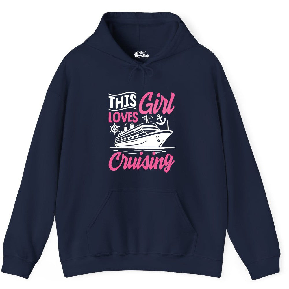 This Girl Loves Cruising Shirt - Fun Cruise Ship Gift for Girls (Hoodie) in Navy - This Girl Loves Cruising - Fun Cruise Ship Shirt With Pink Nautical Art