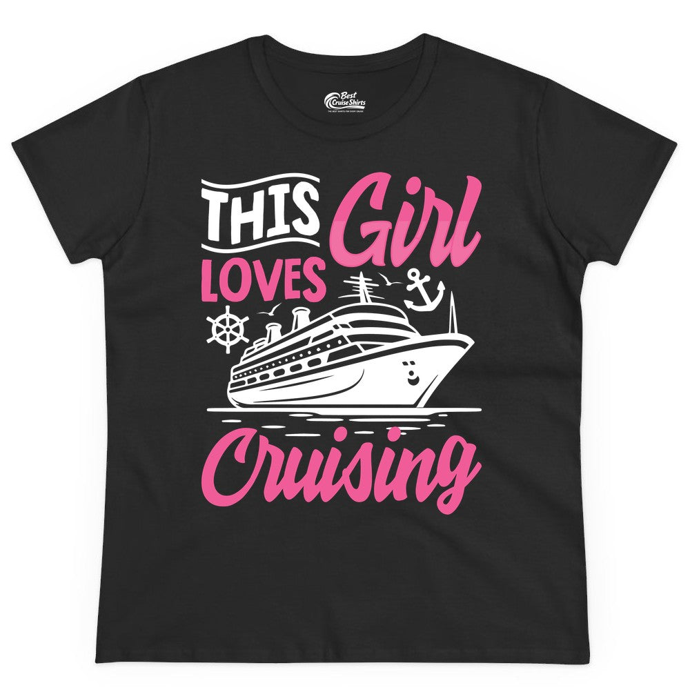 This Girl Loves Cruising Shirt - Fun Cruise Ship Gift for Girls (Ladies Tee) in Black - This Girl Loves Cruising - Fun Cruise Ship Shirt With Pink Nautical Art