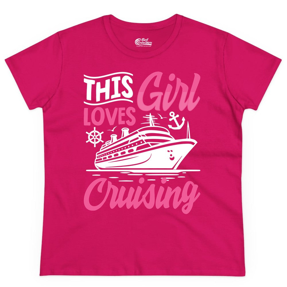 This Girl Loves Cruising Shirt - Fun Cruise Ship Gift for Girls (Ladies Tee) in Heliconia - This Girl Loves Cruising - Fun Cruise Ship Shirt With Pink Nautical Art