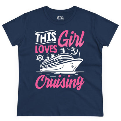 This Girl Loves Cruising Shirt - Fun Cruise Ship Gift for Girls (Ladies Tee) in Navy - This Girl Loves Cruising - Fun Cruise Ship Shirt With Pink Nautical Art