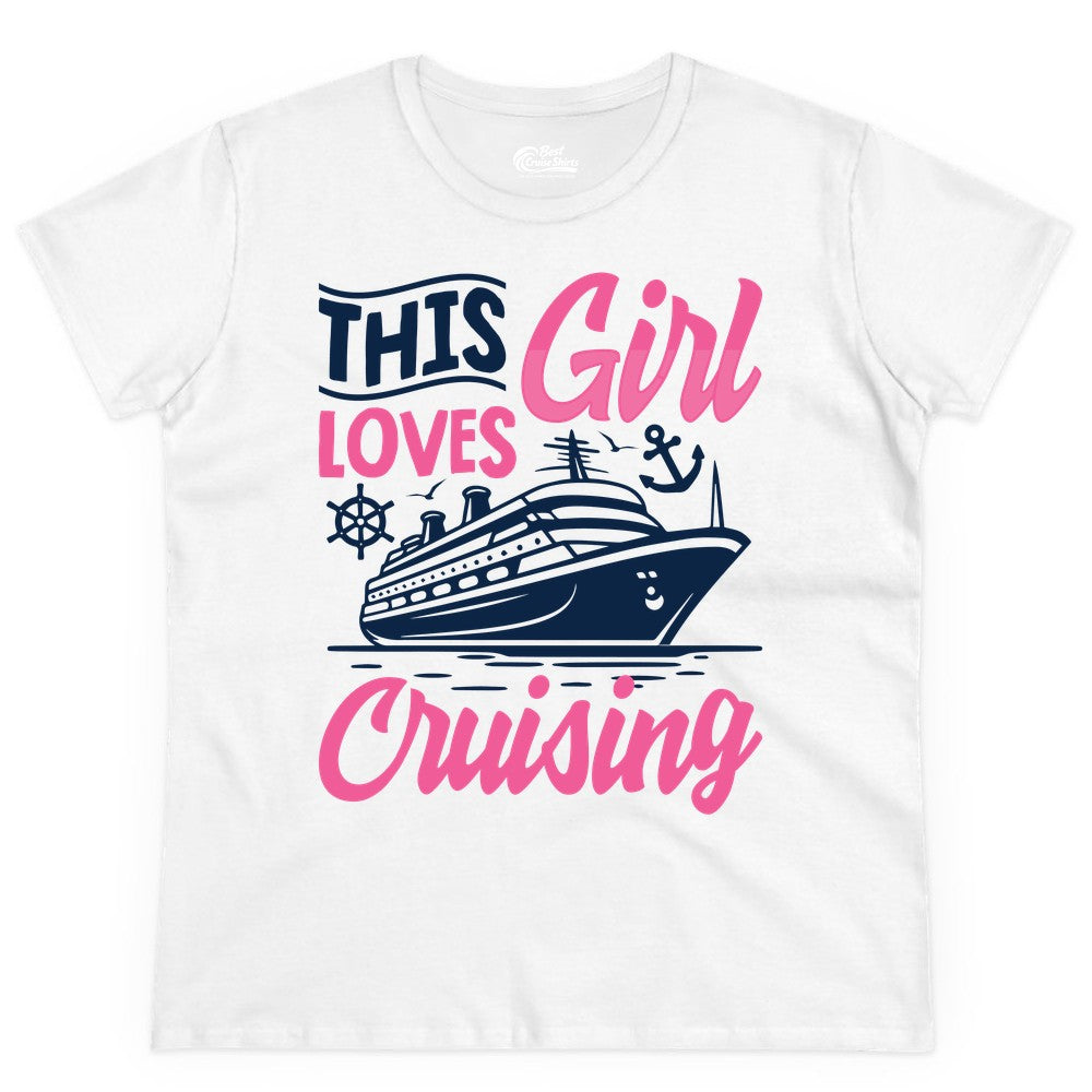This Girl Loves Cruising Shirt - Fun Cruise Ship Gift for Girls (Ladies Tee) in White - This Girl Loves Cruising - Fun Cruise Ship Shirt With Pink Nautical Art