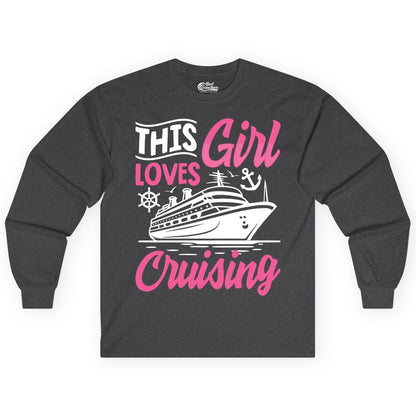 This Girl Loves Cruising Shirt - Fun Cruise Ship Gift for Girls (Long Sleeve) in Dark Heather - This Girl Loves Cruising - Fun Cruise Ship Shirt With Pink Nautical Art