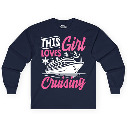 This Girl Loves Cruising Shirt - Fun Cruise Ship Gift for Girls (Long Sleeve) in Navy - This Girl Loves Cruising - Fun Cruise Ship Shirt With Pink Nautical Art
