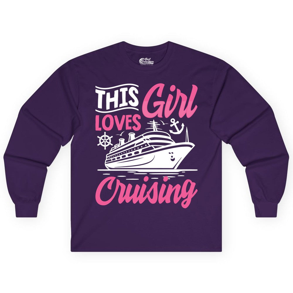 This Girl Loves Cruising Shirt - Fun Cruise Ship Gift for Girls (Long Sleeve) in Purple - This Girl Loves Cruising - Fun Cruise Ship Shirt With Pink Nautical Art