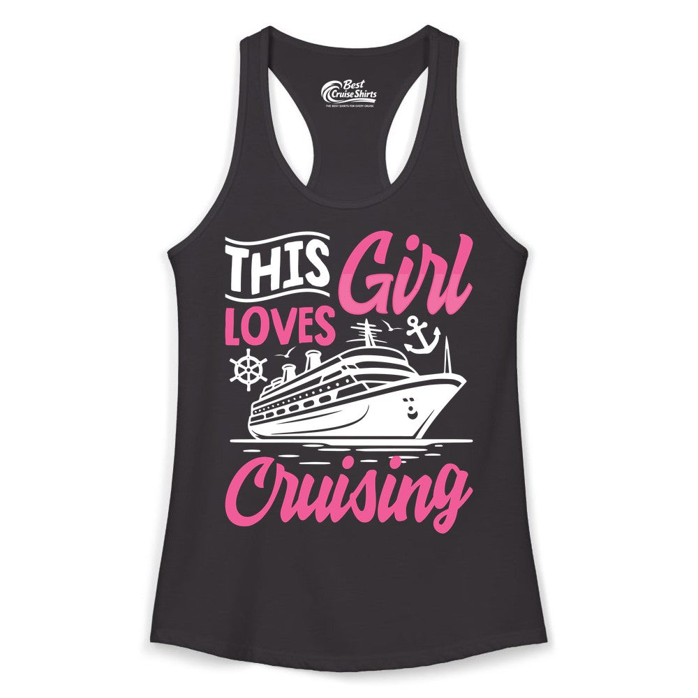 This Girl Loves Cruising Shirt - Fun Cruise Ship Gift for Girls (Ladies Tank) in Black - This Girl Loves Cruising - Fun Cruise Ship Shirt With Pink Nautical Art