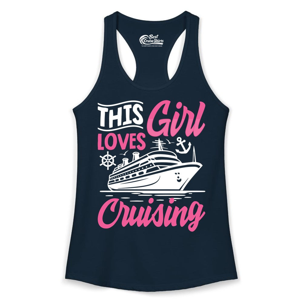 This Girl Loves Cruising Shirt - Fun Cruise Ship Gift for Girls (Ladies Tank) in Solid Midnight Navy - This Girl Loves Cruising - Fun Cruise Ship Shirt With Pink Nautical Art