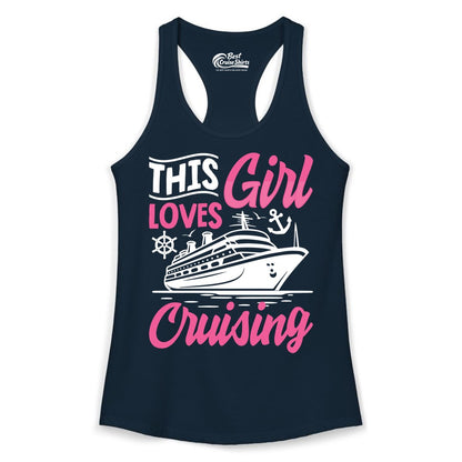 This Girl Loves Cruising Shirt - Fun Cruise Ship Gift for Girls (Ladies Tank) in Solid Midnight Navy - This Girl Loves Cruising - Fun Cruise Ship Shirt With Pink Nautical Art