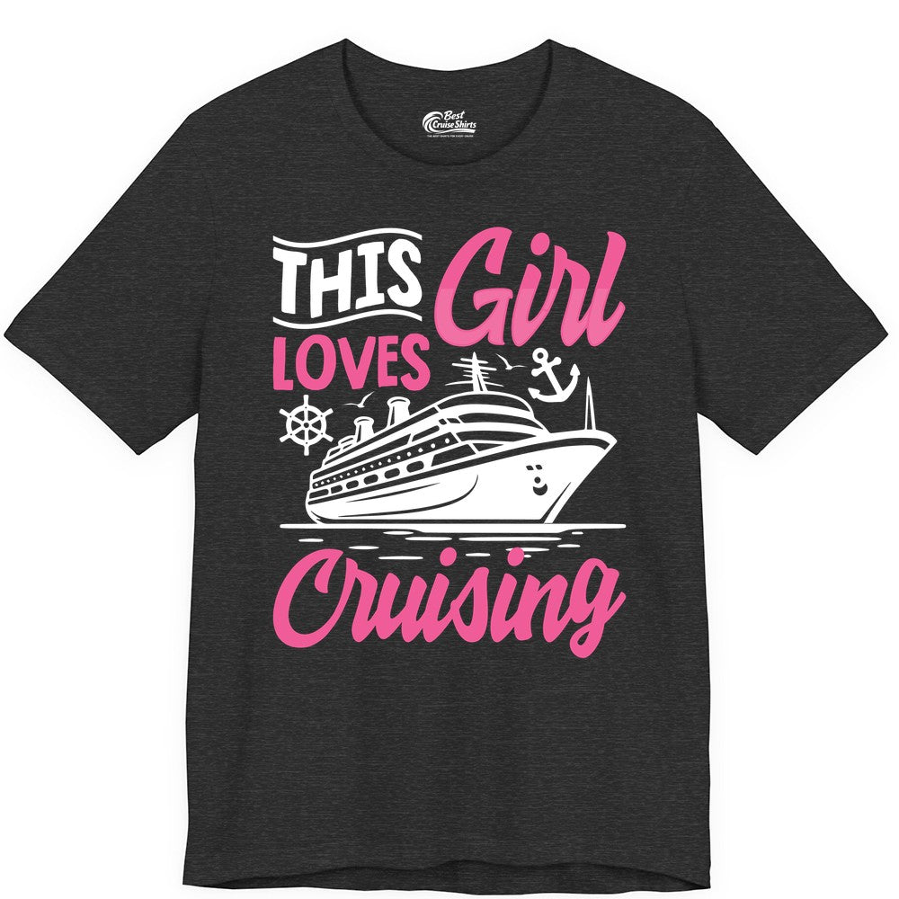 This Girl Loves Cruising Shirt - Fun Cruise Ship Gift for Girls (Premium Tee) in Dark Grey Heather - This Girl Loves Cruising - Fun Cruise Ship Shirt With Pink Nautical Art