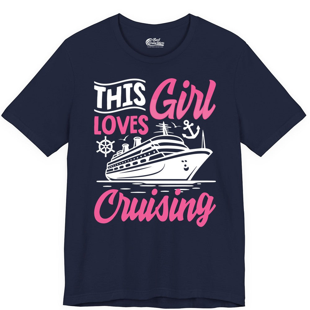 This Girl Loves Cruising Shirt - Fun Cruise Ship Gift for Girls (Premium Tee) in Navy - This Girl Loves Cruising - Fun Cruise Ship Shirt With Pink Nautical Art
