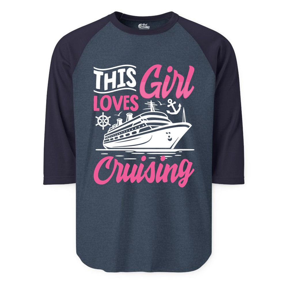 This Girl Loves Cruising Shirt - Fun Cruise Ship Gift for Girls (Raglan) in Heather DenimNavy - This Girl Loves Cruising - Fun Cruise Ship Shirt With Pink Nautical Art