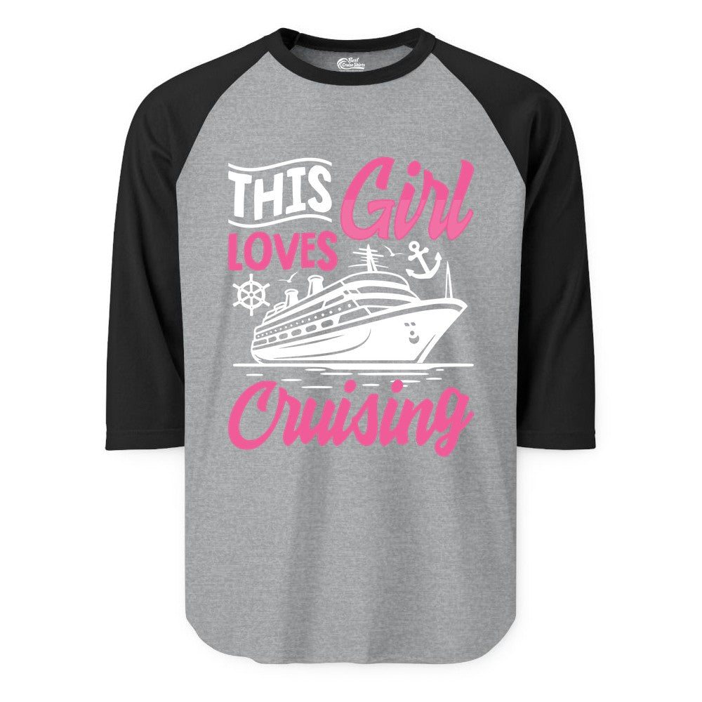 This Girl Loves Cruising Shirt - Fun Cruise Ship Gift for Girls (Raglan) in Heather GreyBlack - This Girl Loves Cruising - Fun Cruise Ship Shirt With Pink Nautical Art