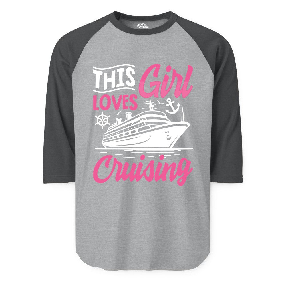 This Girl Loves Cruising Shirt - Fun Cruise Ship Gift for Girls (Raglan) in Heather GreyHeather Charcoal - This Girl Loves Cruising - Fun Cruise Ship Shirt With Pink Nautical Art
