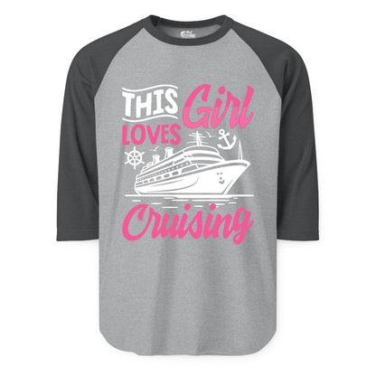 This Girl Loves Cruising Shirt - Fun Cruise Ship Gift for Girls (Raglan) in Heather GreyHeather Charcoal - This Girl Loves Cruising - Fun Cruise Ship Shirt With Pink Nautical Art