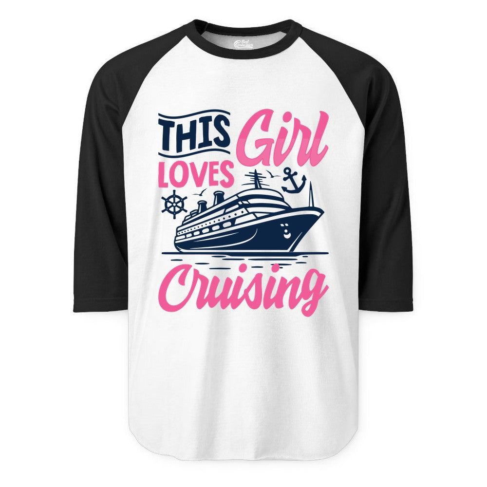 This Girl Loves Cruising Shirt - Fun Cruise Ship Gift for Girls (Raglan) in WhiteBlack - This Girl Loves Cruising - Fun Cruise Ship Shirt With Pink Nautical Art