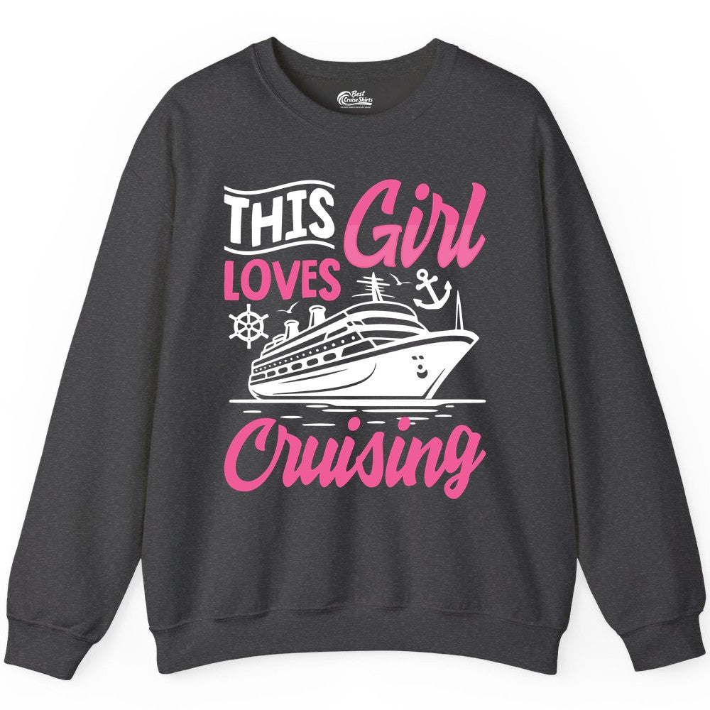 This Girl Loves Cruising Shirt - Fun Cruise Ship Gift for Girls (Sweatshirt) in Dark Heather - This Girl Loves Cruising - Fun Cruise Ship Shirt With Pink Nautical Art