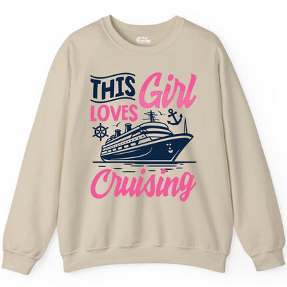 This Girl Loves Cruising Shirt - Fun Cruise Ship Gift for Girls (Sweatshirt) in Sand - This Girl Loves Cruising - Fun Cruise Ship Shirt With Pink Nautical Art